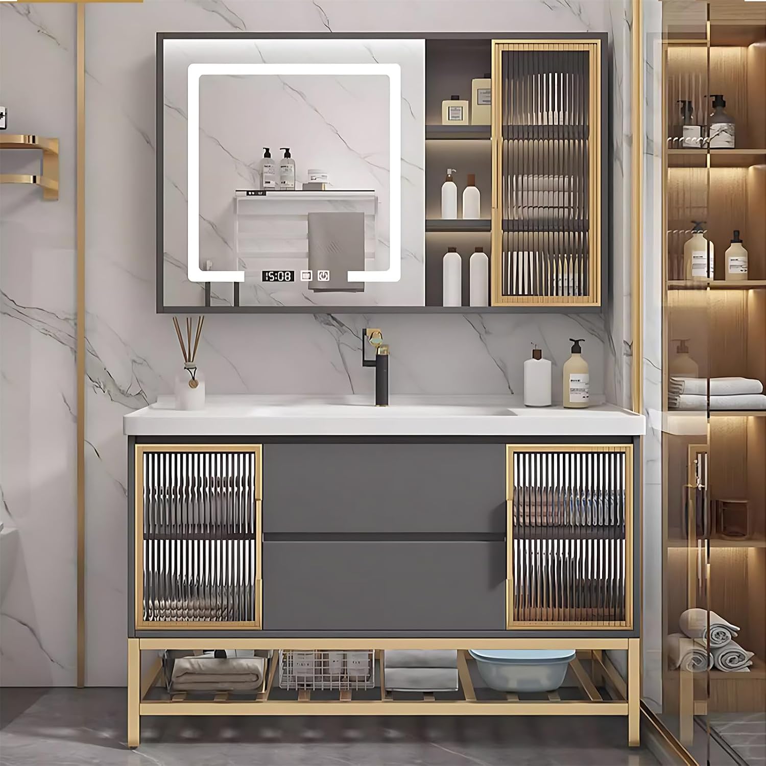 Modern Bathroom Vanity with Sink - Single Sink Bathroom Vanity Cabinet & Smart Defogging Mirror Set, Standalone Installation，Solid Wood, for Bathroom (40")