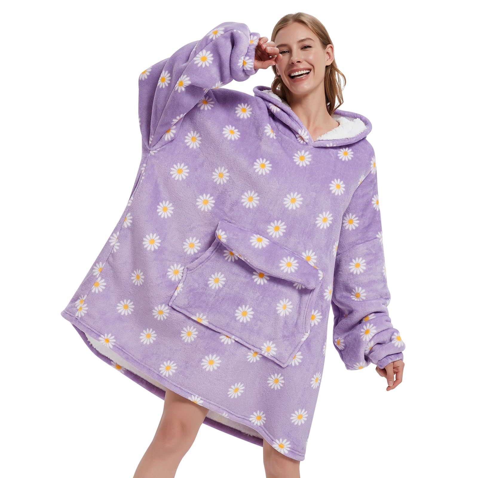 Wearable Blanket Hoodie for Adult,Oversized Sherpa Fleece Blanket Hoodie for Women Men,Daisy