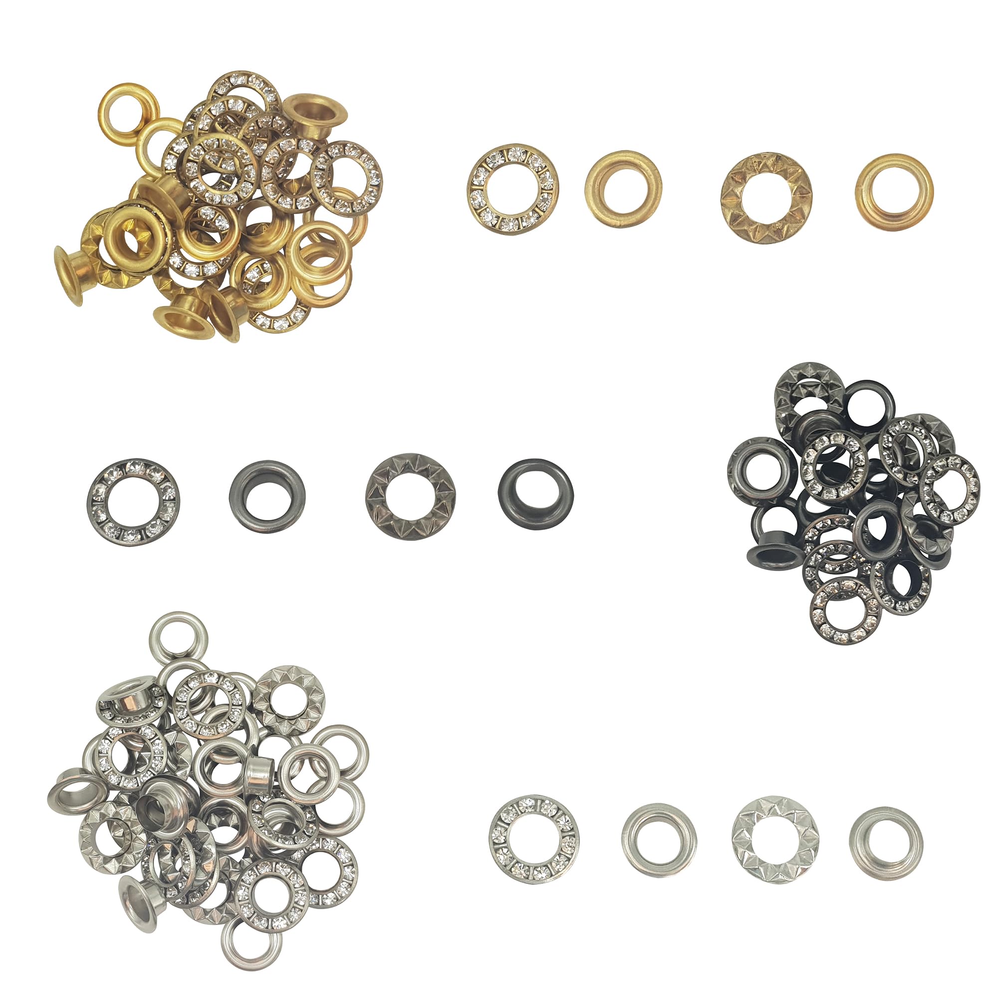 Event Decor Shop Occhielli per pelle, set di occhielli e fustelle da 6 mm, 150 pezzi, oro, argento, canna di fucile, occhielli con strumenti di fissaggio per macchine verdi, borse, abbigliamento, fai
