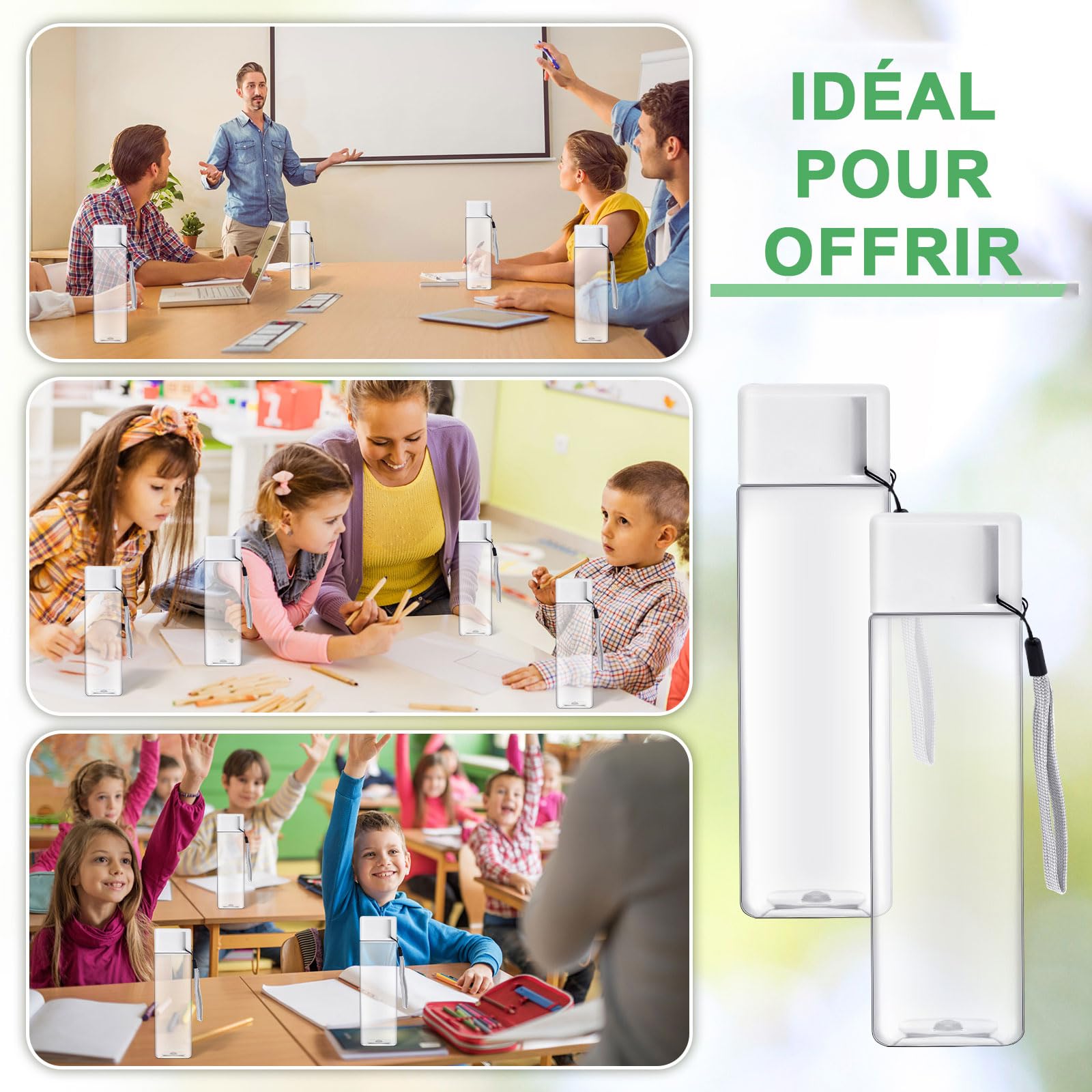 Lot de 20 Bouteilles d’Eau Carrées 500 ml, Gourdes Plastique Transparentes | Gourdes Réutilisables avec Dragonne pour École, Gym, Bureau, Sport, Personnalisation, EVJF et Événements