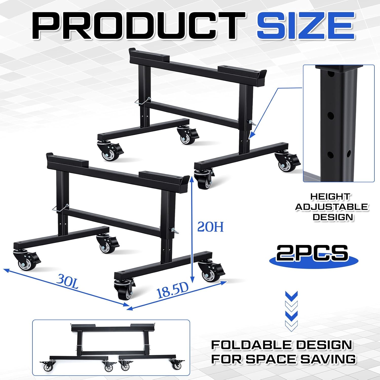 BreezeHug 1 Pair Adjustable Sprint Car Dolly Midget Car Chassis Stands Muti Purpose Motor Portable Black Powder Coat Rolling Locking Rubber Caster Non-Slip Mount Portable Transport Cart(16-20 Inches)