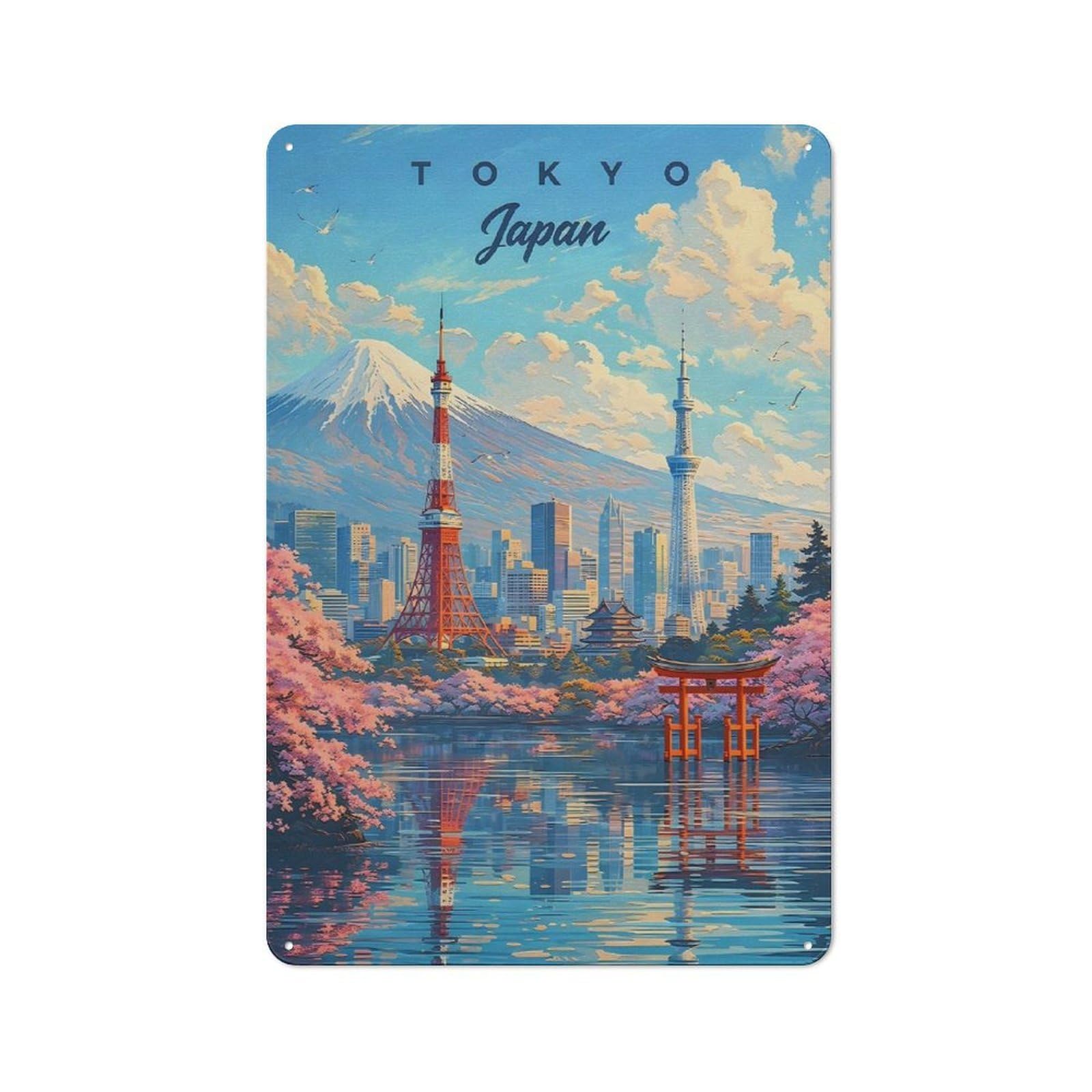 Junmoney Style-19 Tokyo Japan Cityscape With Mount Fuji Vintage Tin Sign 30X20cm For Studio Or Craft Room, Suited To Creative-Space Collectors