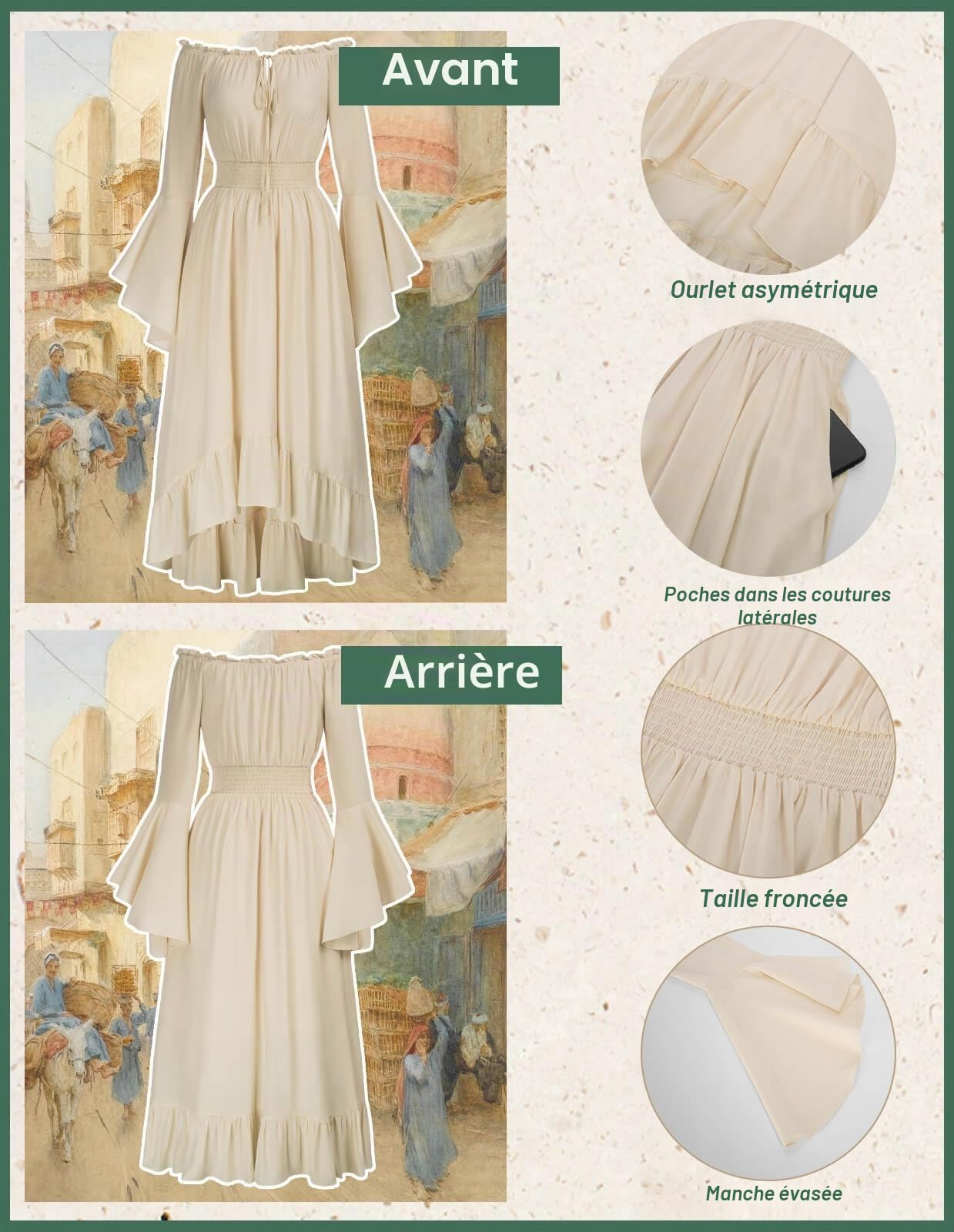 SCARLET DARKNESS Robe Longue Femme Médiévale Renaissance, Épaules Dénudées, Manches Longues Évasées, Ligne A