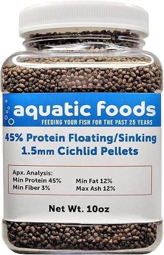 Aquatic Foods Inc. Pellets de cíclidos, 45% de proteína flotantehundimiento de 0.059 in (116 pulgadas) para discusiones más pequeñas, Oscar,