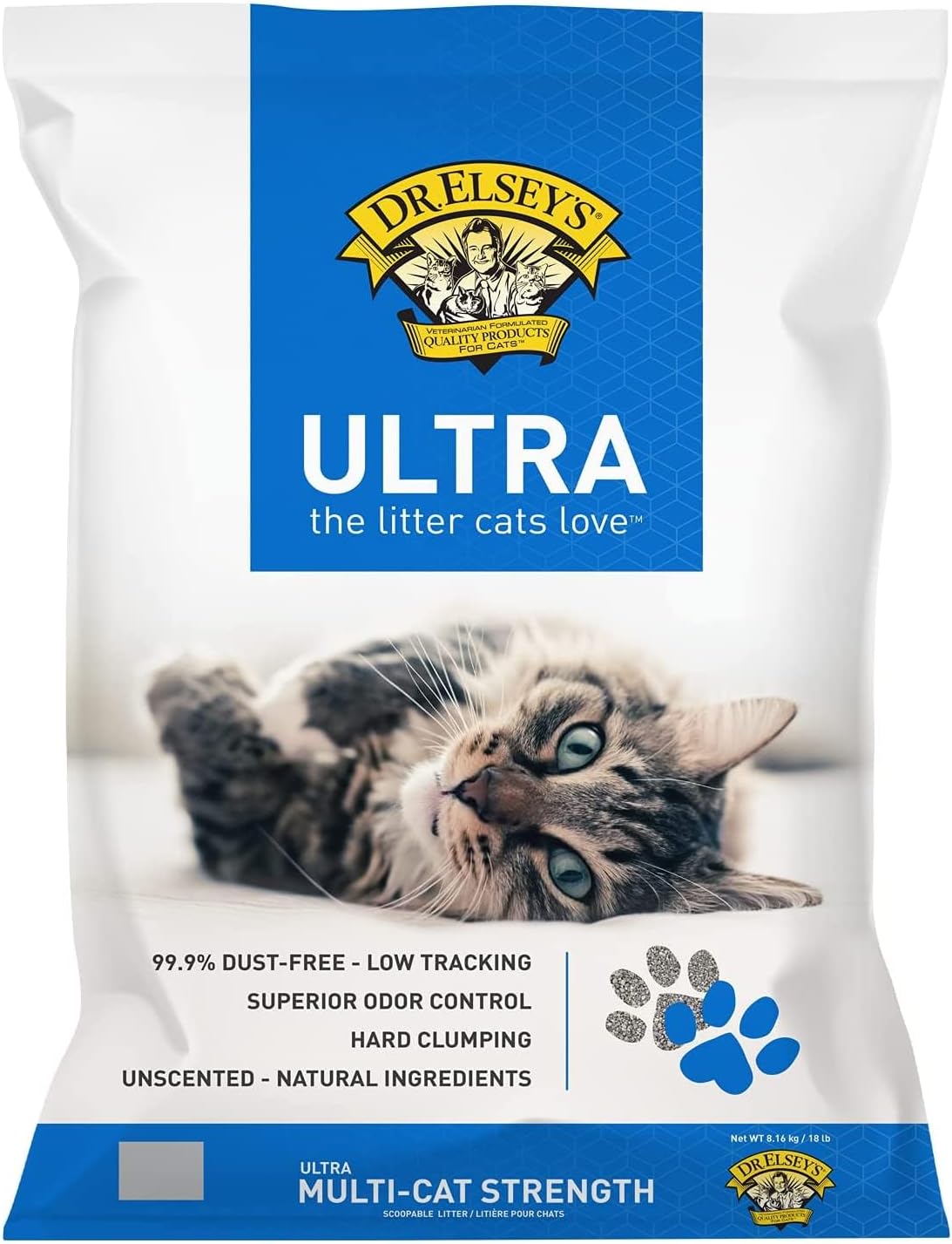Dr. Elsey’s Ultra Unscented Premium Bentonite Cat Litter, Dust-Free, Quick Absorption, Low Tracking, Hard Clumping, Superior Odor Control, Multi-Cat Friendly - 8.16kg