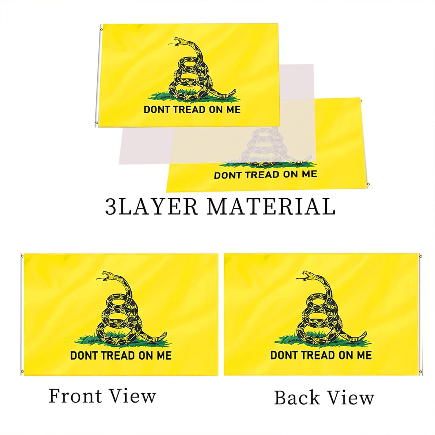 AJJSUE Don't Tread On Me Flag 5x8 Gadsden Flag Double Sided Outdoor Heavy Duty 3 Ply Polyester Material with 2 Metal Grommets, 4 Rows of Stitching