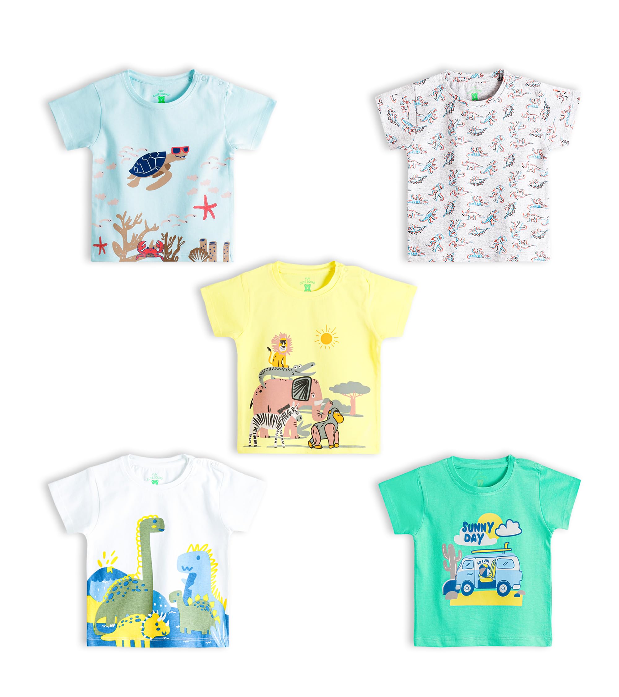 Infant Baby Boys & Girls 100% Cotton Printed Multicolor Half Sleeve T Shirts - 0 to 24 Months Babies, Pack of 5