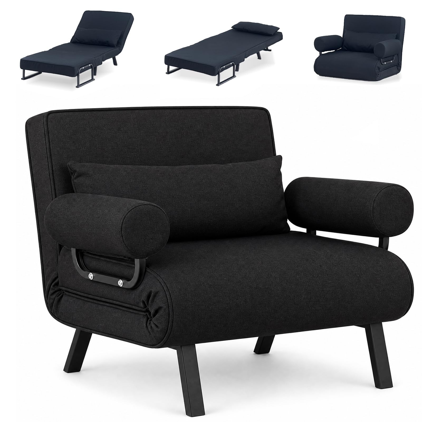 BSTSEL 4 in 1 Convertible Sofa Bed Folding Sofa Chair Bed Padded Seat, Armrests & Pillow Adjustable 6-Position Backrest Recliner Lounge Couch Guest Sleeper Armchair for Home Office (Black, 100cm) — image 1