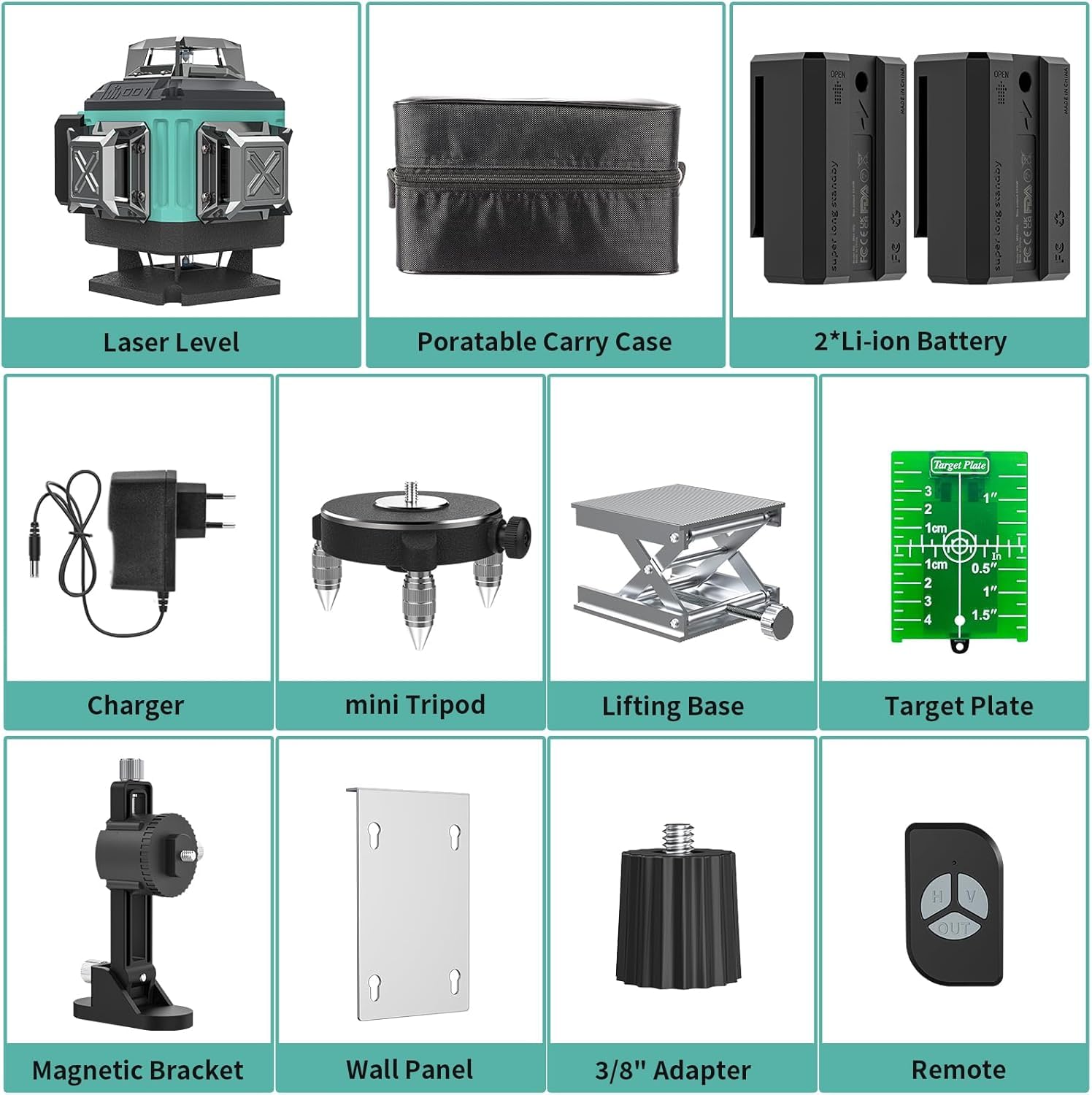 Niveau Laser Chantier Autonivelant 360° x 4, Lazer Niveaux 4D 16 Lignes Laser, Autonivellement et Mode Pulsé Extérieur, 2 x Batterie, Nivellement Automatique, Support Rotatif, Télécommande