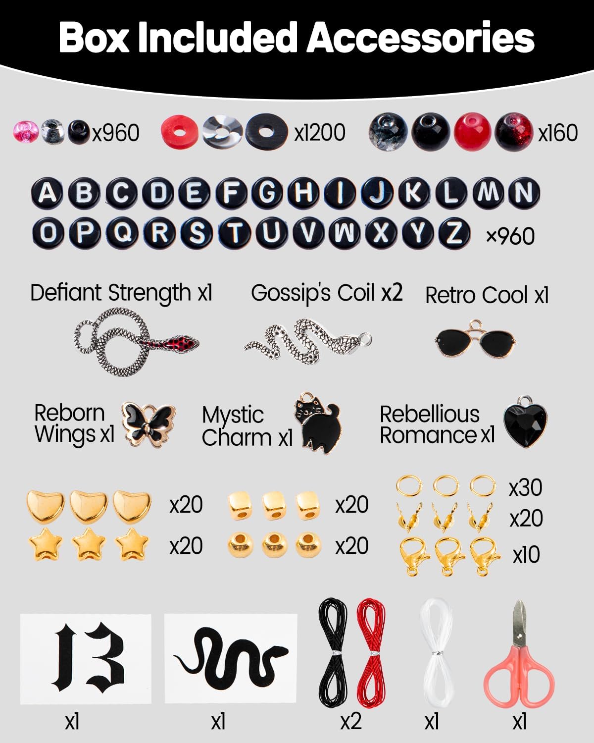 Goldwise REP Era Inspired Adult Jewelry Design Bead Set for Fans – 2 Storage Boxes with Black, White & Red Glass and Clay Beads, Snake & Cat Symbolic Charms