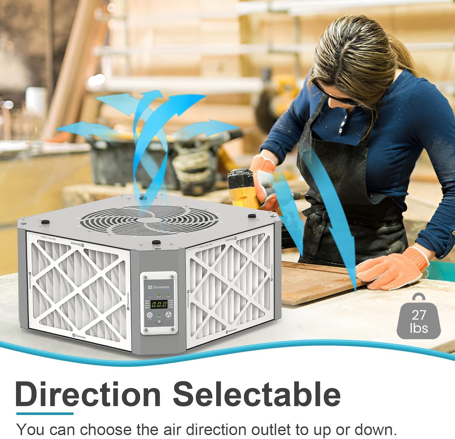 360° Woodshop Air Filtration System Woodworking - 1050/1350 CFM, Built-in Ionizer, with Strong Vortex Fan, Shop Air Filtration for Garage, Works Shop, Dust Collectors System, Gray, KMF12D Pro