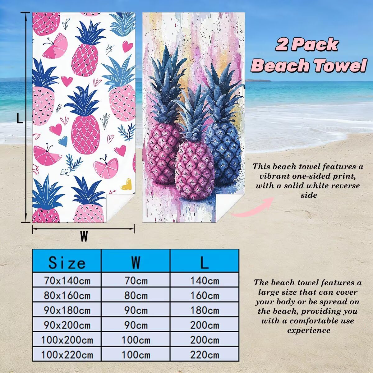Ręcznik plażowy XXL, 90 x 180 cm, zestaw 2 sztuk, z mikrofibry, ananas, szybkoschnący, do sauny, fitness, bez piasku, ręcznik plażowy, do sauny, duży ręcznik kąpielowy, prezent dla kobiet -4681
