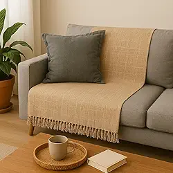 Manta de Sofá Minimalista, 210 x 150 cm, 100% Algodão, Acabamento Artesanal com Franjas (Bege)