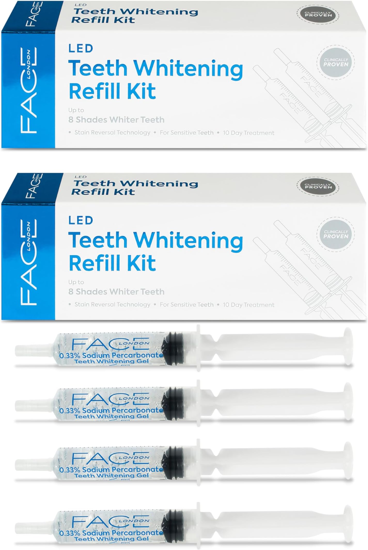 Face London Teeth Whitening Refill Kit 4X 5ml Gel Syringes with Up to 8 Shades & Zero Sensitivity Teeth Whitener Refill for Stain Removal | Teeth Whitening Gel | Teeth Stain Remover
