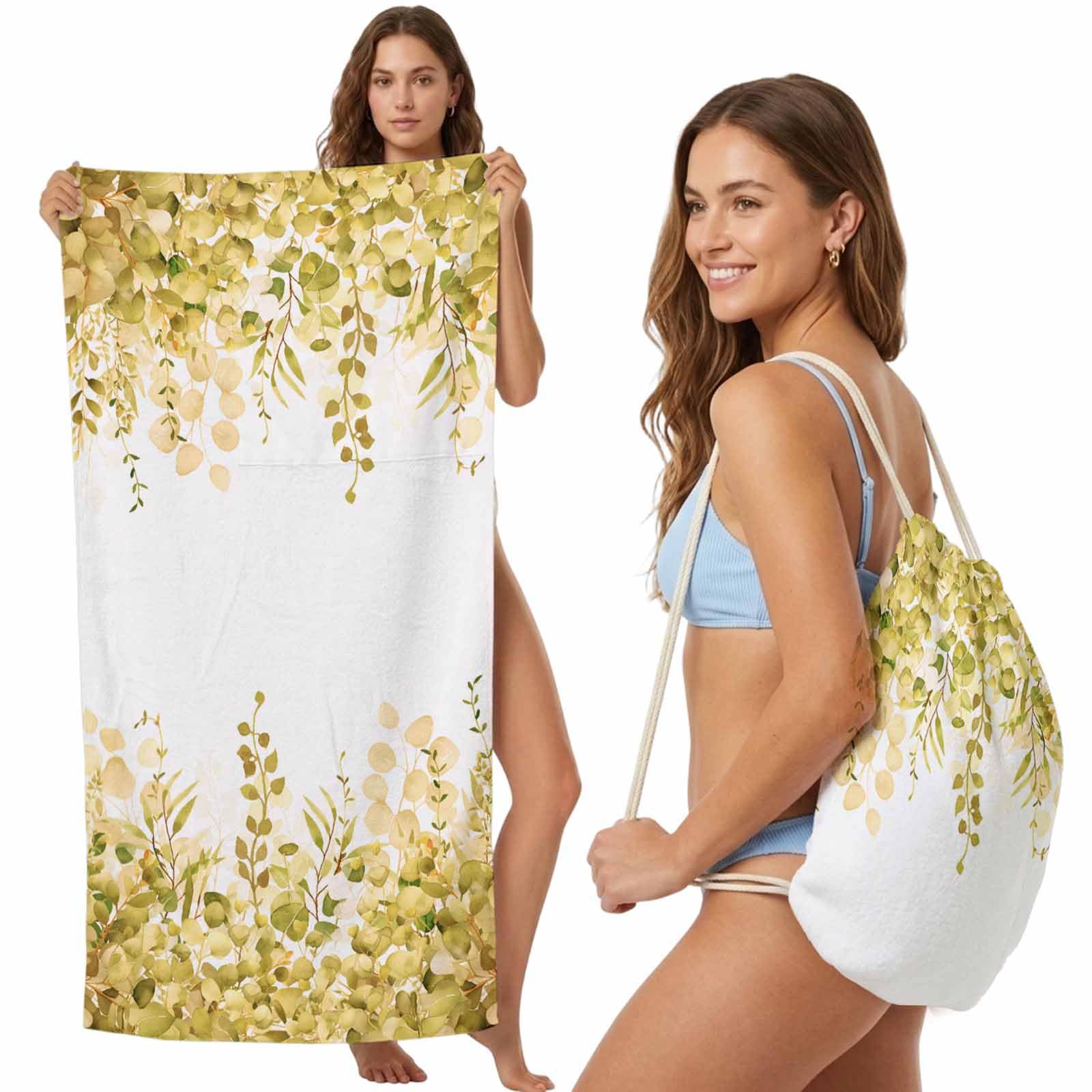 FWJZDSP Beach Towel Backpack Convertible Yellow Eucalyptus Sand Free Quick Dry Towel Bag Watercolor Leaves Beach Towel with Adjustable Straps for Travel Swimming Pool Beach Accessories 31.5x63in