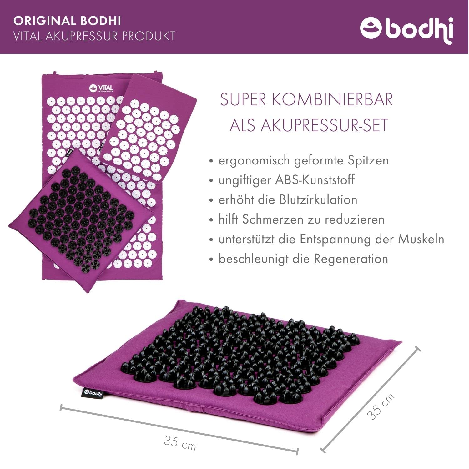 Bodhi Akupressur Fußmatte VITAL Soft | Nadelkissen | Stimuliert die Fußreflexzonen | Entspannung für die Füße | Wirkt vorbeugend gegen Schmerzen | Fördert die Durchblutung | aubergine