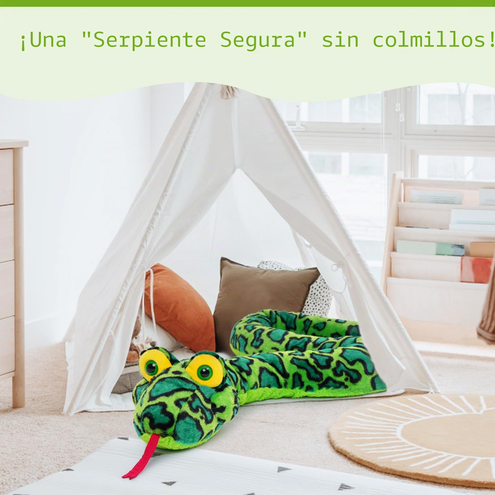 MorisMos 250 cm de Largo de Serpiente de Peluche XXL, Grande, Verde Cobra, Serpiente de Cascabel Gigante, Serpiente rellena, Serpiente de Peluche para Niños, niños, Peluche, Serpiente rellena,