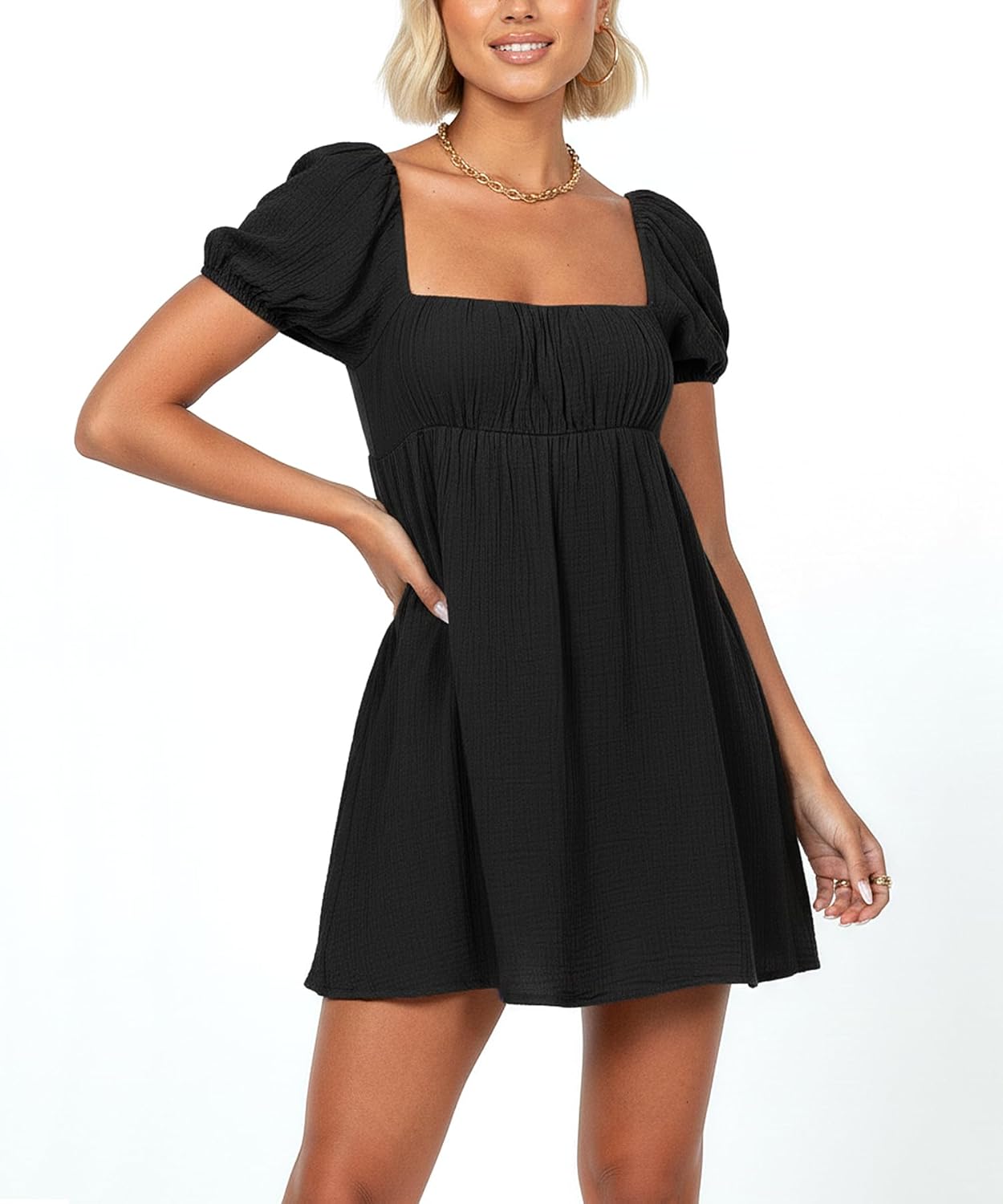 Women Puff Sleeve Bobydoll Dress Sundress Flowy Square Neck Swing Mini Dress Beach Going Out Dresses - Image 3