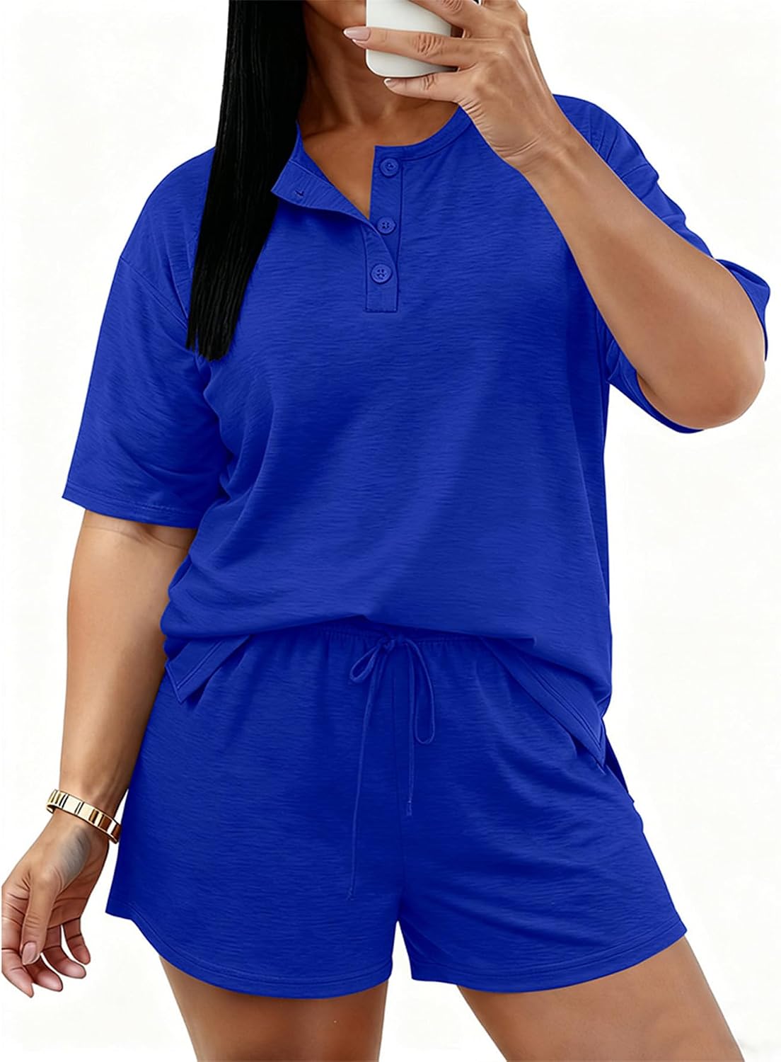 TOPSRANI Plus Size Women 2 Piece Outfits Lounge Loose Short Sleeve Sweatsuits Tracksuit Casual Shorts Set with Pockets