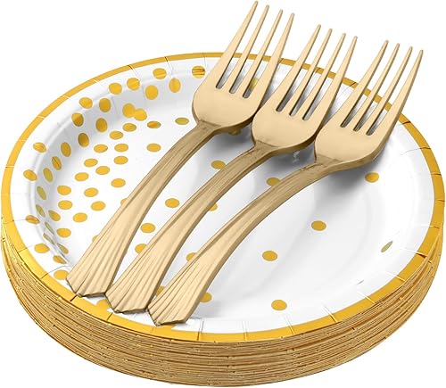 Platos y tenedores de papel de oro blanco, juego de vajilla de papel blanco  25 platos de postre de papel de 7 pulgadas y 25 tenedores de plástico
