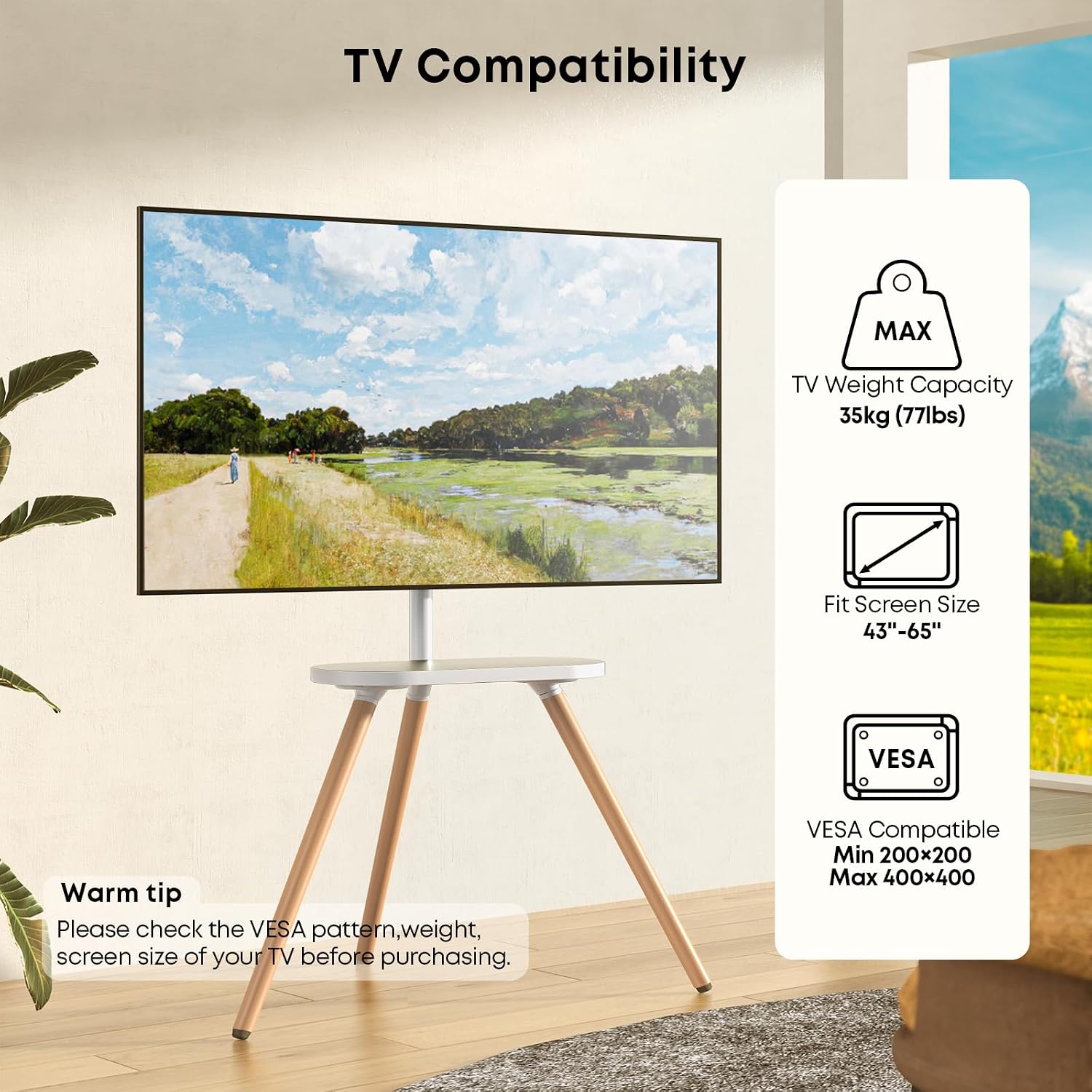 PUTORSEN Easel TV-Stand for 43-65-Inch Screens - Portable Swivel Tripod TV Stand with Wooden Tray, Height Adjustable TV Floor Stand, Max Load 77 lbs, Max VESA 400x400 mm, White