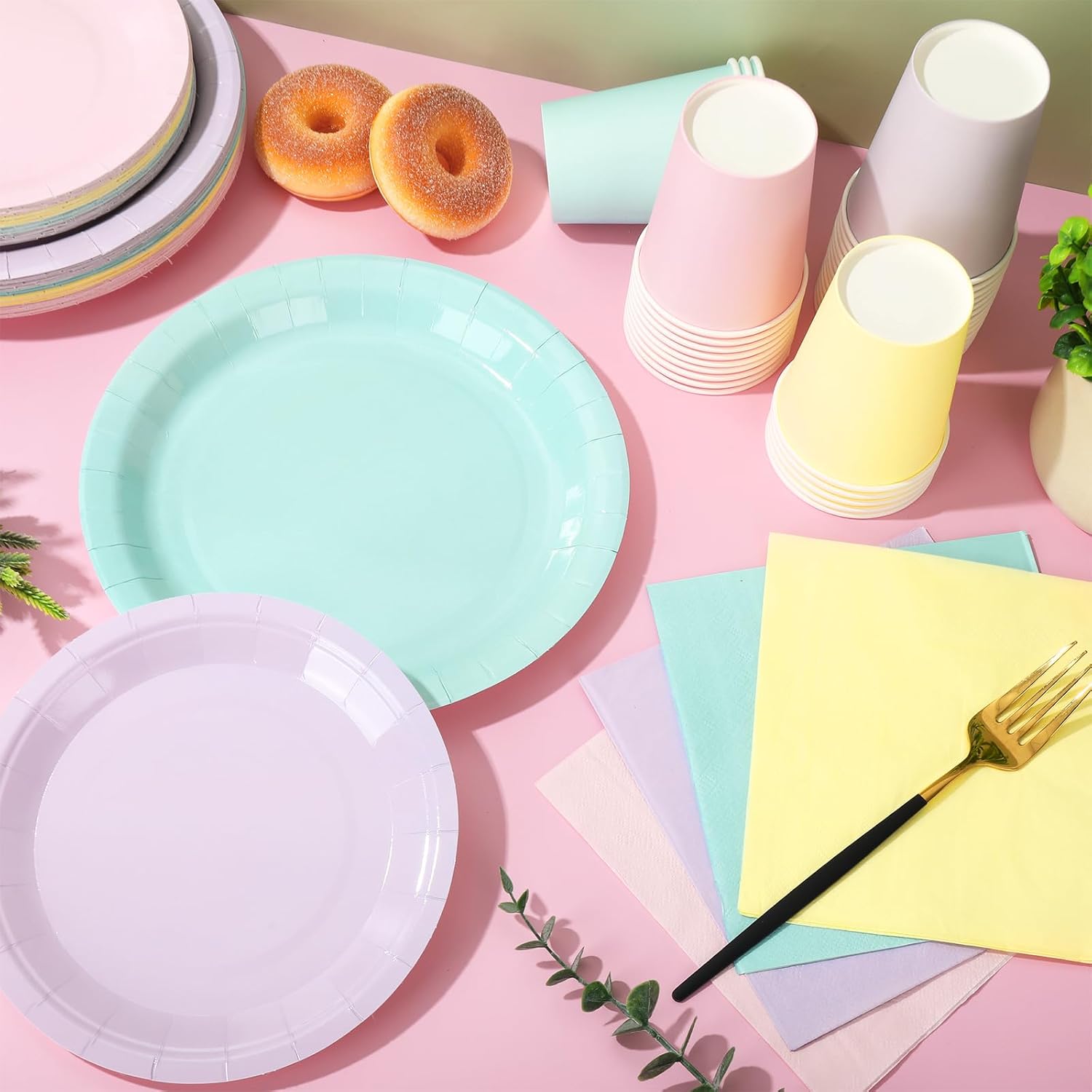 Whaline 244Pcs Pastel Rainbow Tableware Set Serves 48 4 Colors Disposable Dinnerware 48 9" Plates 48 7" Plate 48 9oz Cups 100 Napkins for Spring Easter Wedding Birthday Party Supplies