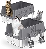 ICYAIR 2-Pack XL Stainless Steel Cat Litter Box with High Sides Lid - Leak-Proof, Odorless for Big Cats, Multi-Cat Homes, Scoop Included
