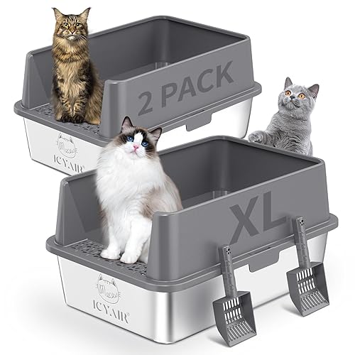 2PACK Stainless Steel Cat Litter Box with High Sides Lid, Extra Large XL Litter Box for Big Cats, Metal Kitty Litter Boxes with Anti-Leakage Enclosure,Non-Stick,Odorless,Scoop Included - 2PK-Dark Grey