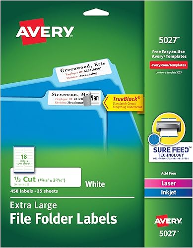 Avery TrueBlock - Etiquetas para carpetas de archivos extra grandes, 1516 pulgadas x 3-716 pulgadas, 450 etiquetas imprimibles, color blanco (5027)