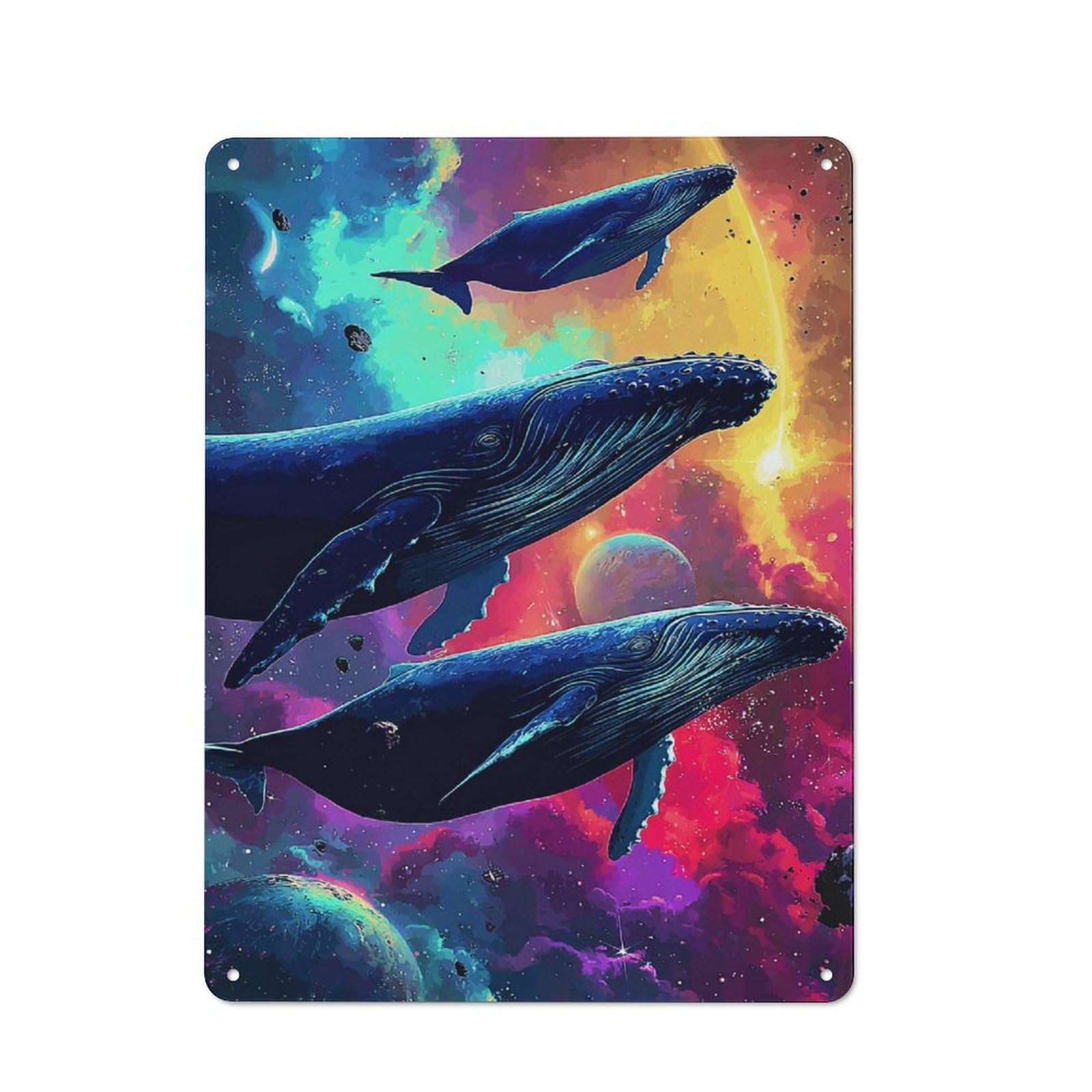 Junmoney Whales In Space Cosmic Artwork Rustic Tin Wall Sign 40X30cm Featuring Bistro Wall Plaque For Restaurant, Kitchen, Counter Or Breakfast Nook