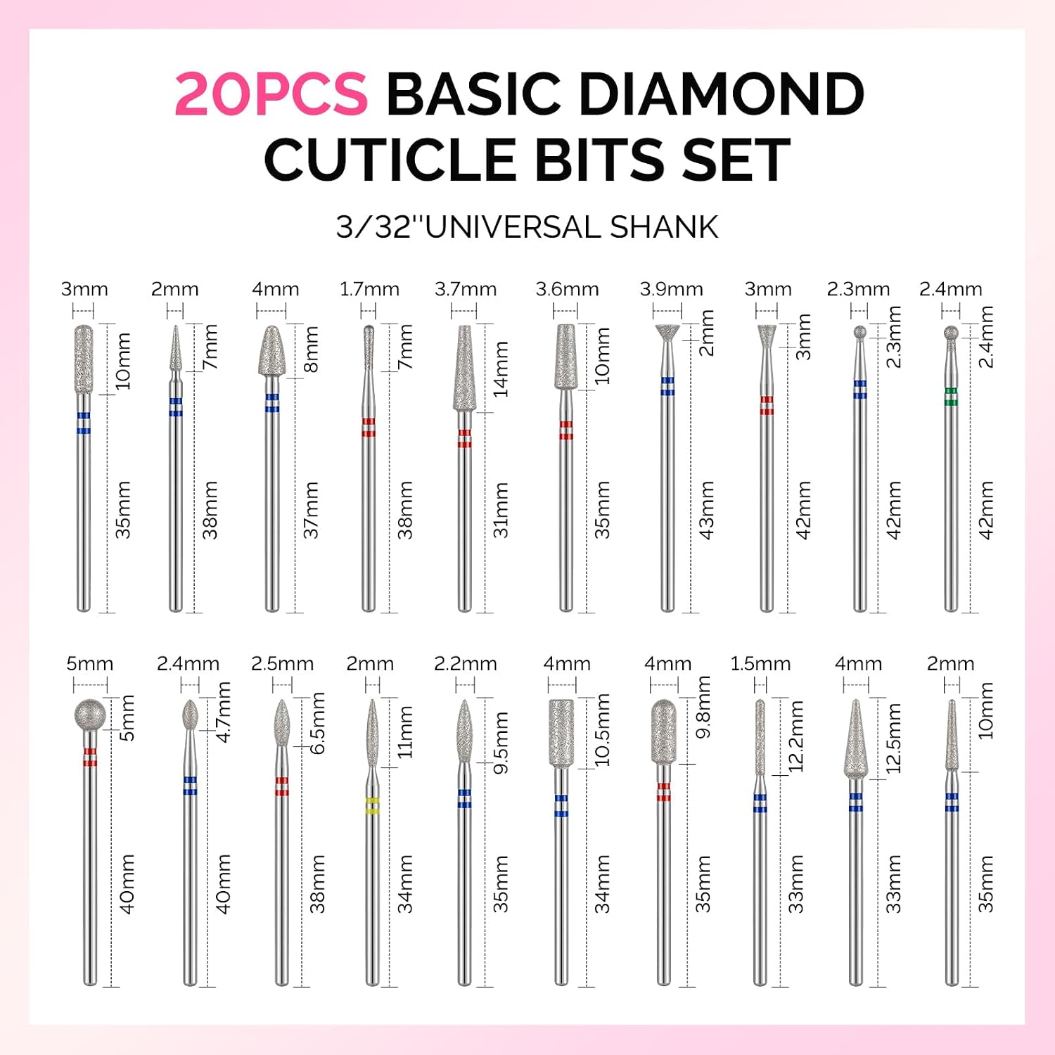 MelodySusie 20pcs Nail Drill Bits Set, 3/32 Inch Diamond Cuticle Nail Bits Kit for Nail Drill E-File, Manicure Pedicure Remover Tools for Acrylic Gel Nails, Salon Home Nail Care Supplies, Silver