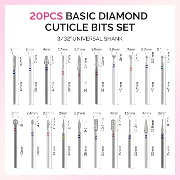 MelodySusie 20pcs Nail Drill Bits Diamond Cuticle Set Silver | 3/32''for Nail Drill Efile,Two-Way Rotation,Acrylic Nails Poly Gel Cuticle Remove,Manicure Pedicure Tools