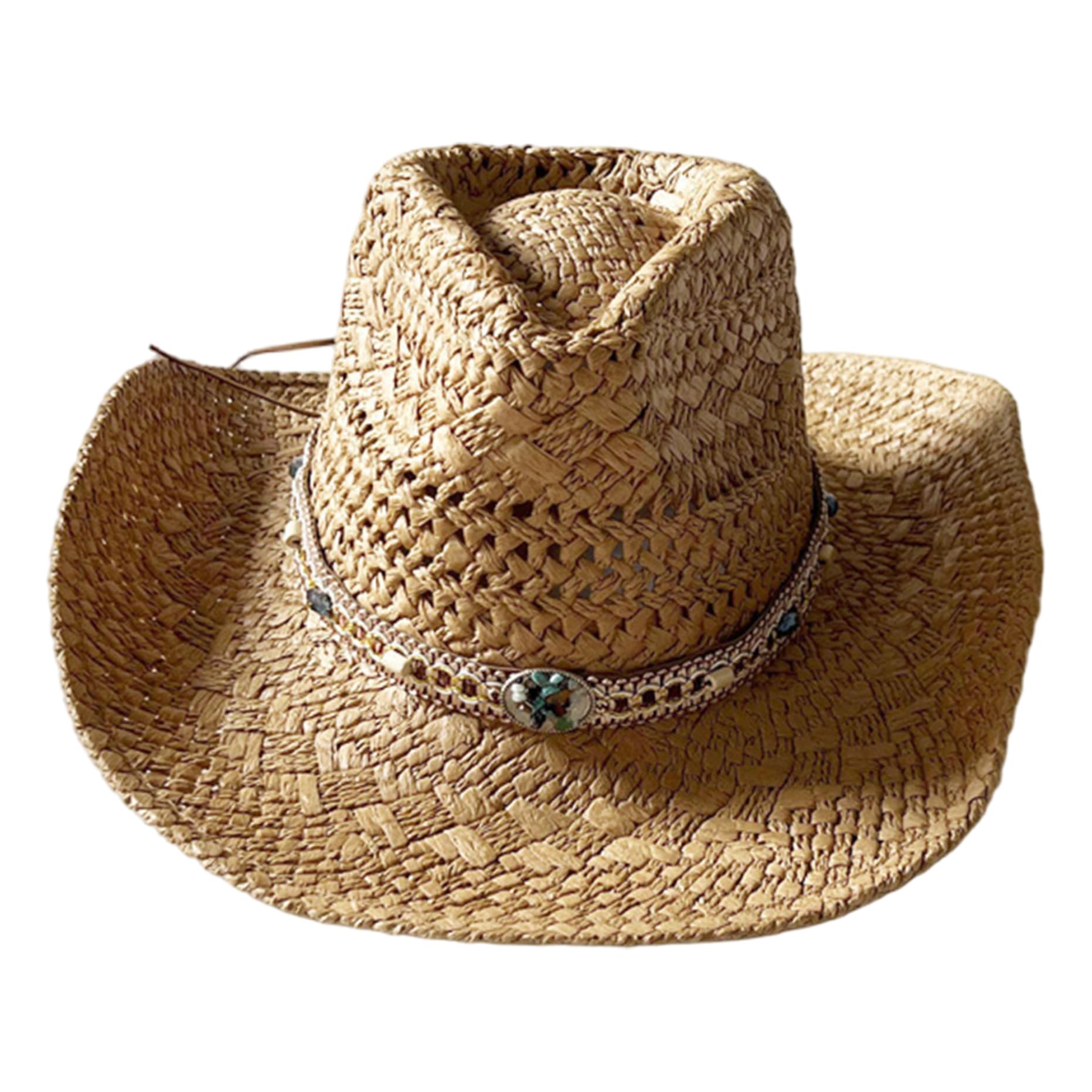 Straw Cowboy Hat Wide Brim Western Hat with Decorative Band Sun Protection Aocisk Western Classic Shapeable Straw Cowboy Hat for Women  main image 2