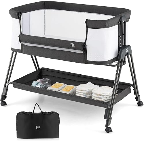 BABY JOY Moisés para dormir junto a la cama, cuna plegable fácil con malla en todos los lados, estante de almacenamiento, 7 alturas ajustables, Negro