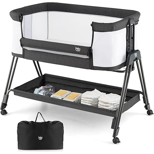 BABY JOY Bassinet Bedside Sleeper, Easy Folding Crib w/All-Side Mesh, Storage Shelf, 7 Adjustable Heights, Mattress & Travel Bag for Safe Co-Sleeping, Portable Bed for Newborn Infant -Black