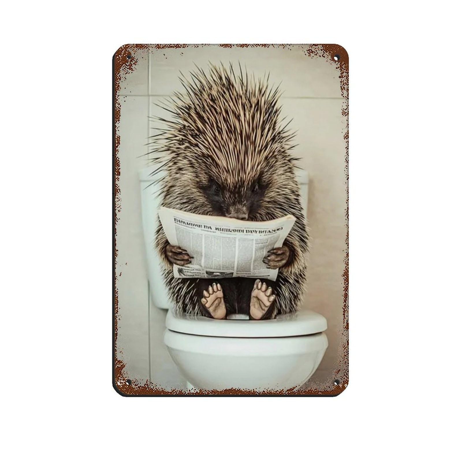 Porcupine Sitting on Toilet Reading Newspaper Tin Sign Vintage Metal Pub Club Cafe Bar Home Wall Art Decoration Poster Retro 8x12inch(20x30cm)