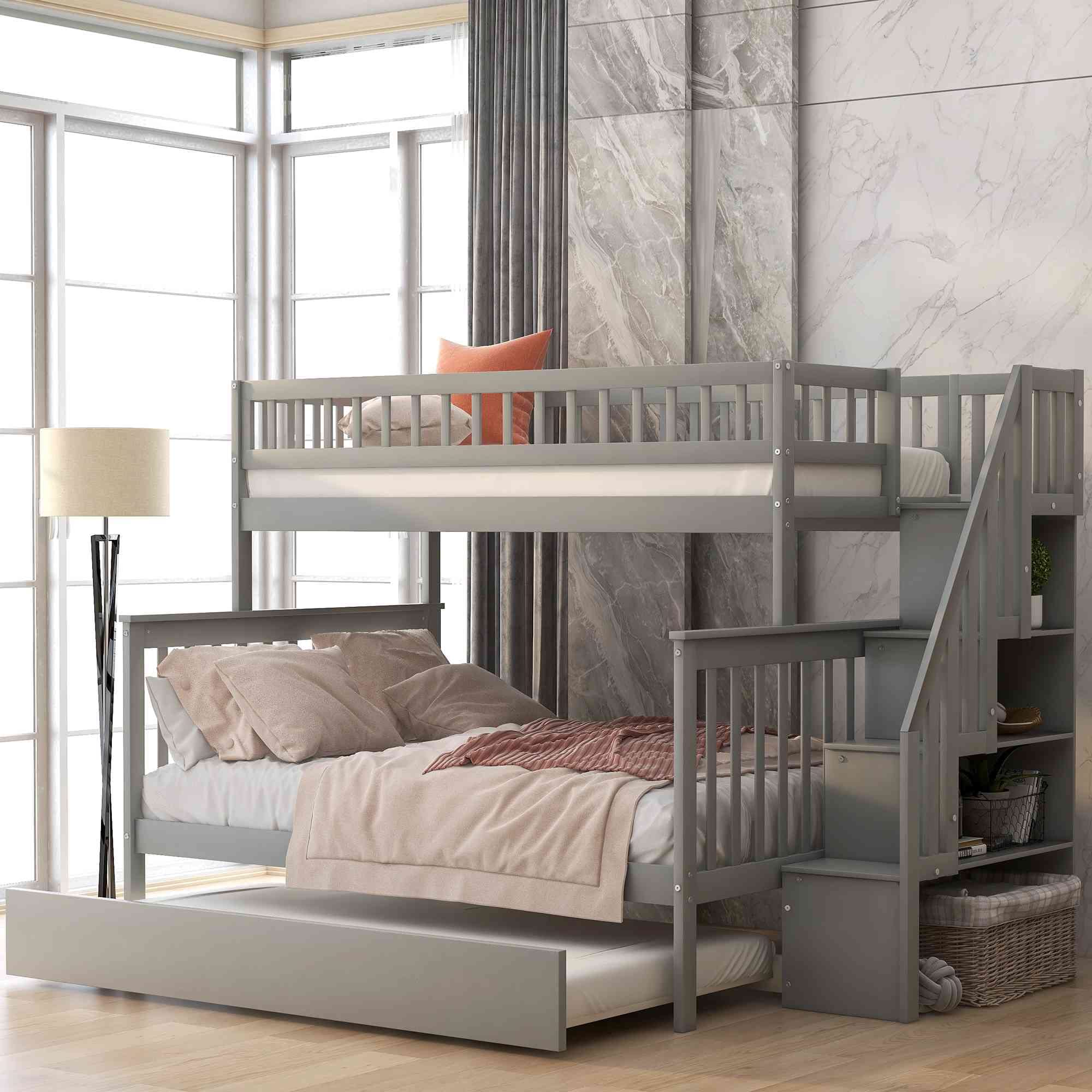 Amazon.com: Cotoala Full Bunk Bed with Trundle, Wood Stairway Twin, Storage  and Guard Rail, No Spring Box Needed, Grey, Twin Over Full : Everything Else