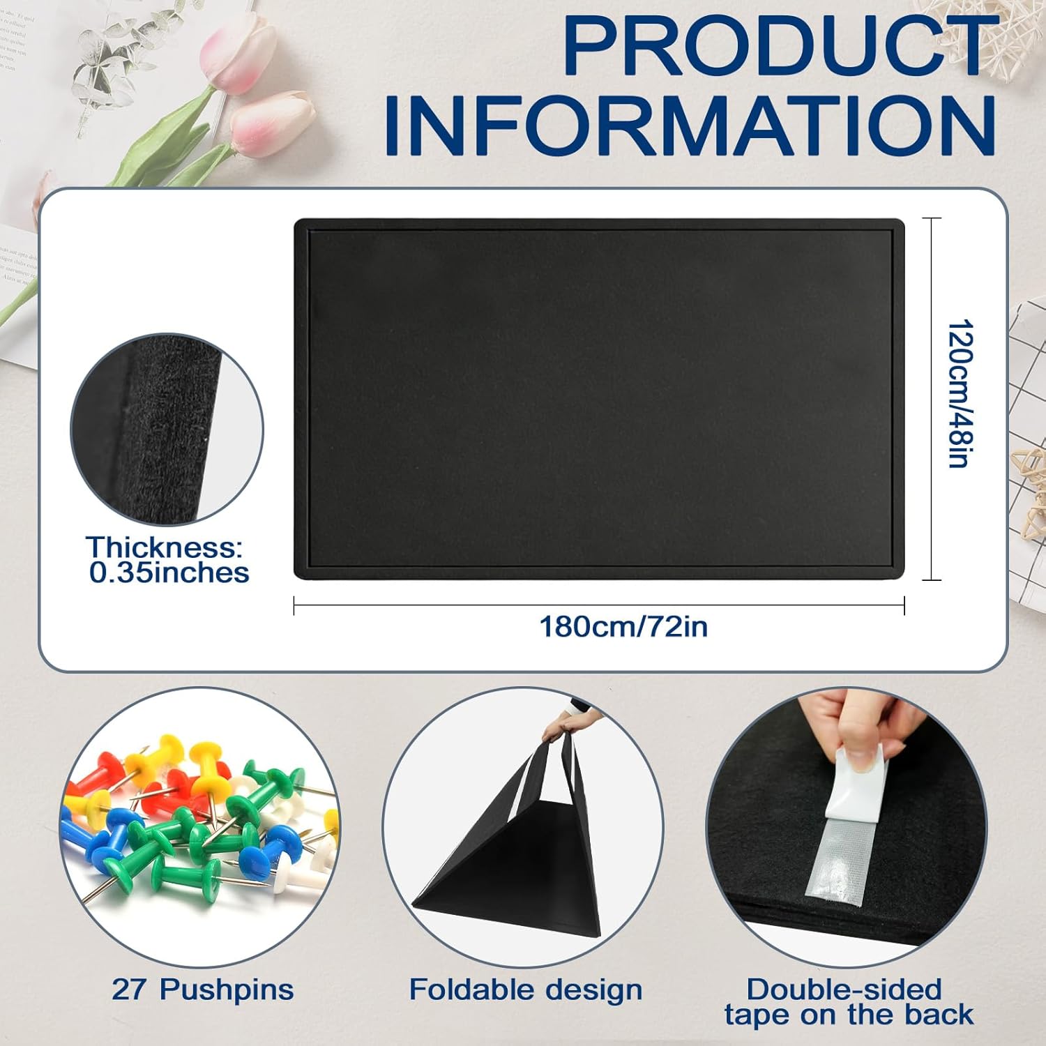 72x48 Inch Large Felt Bulletin Pin Board, Foldable with Pushpins - Black Bulletin Boards, Felt Board for Wall, Big Mood Tack Pinboard