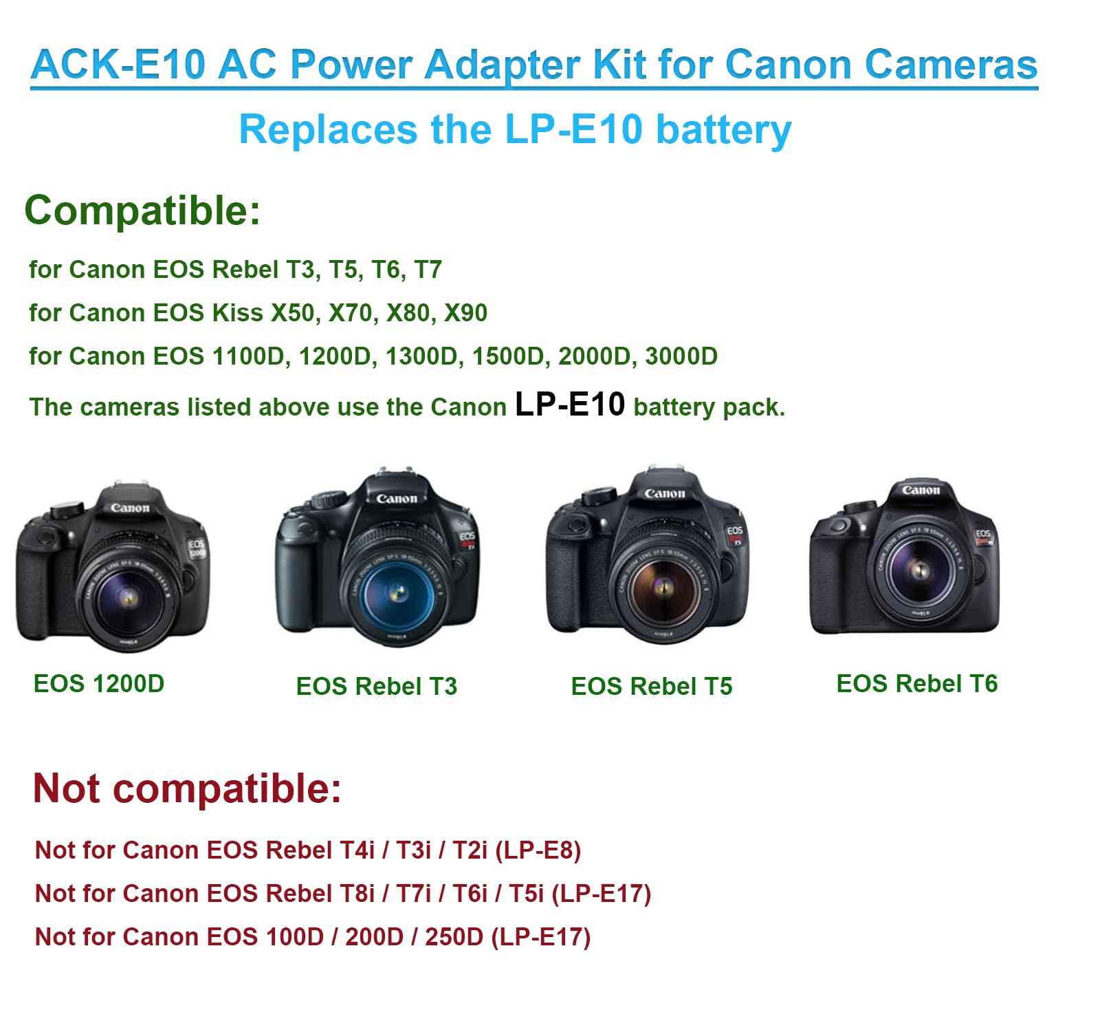 ACK-E10 Adaptateur secteur pour appareils photo Canon DSLR EOS 1100D 1200D 1300D 1500D 3000D Kiss X50 Rebel T3 T5 T6
