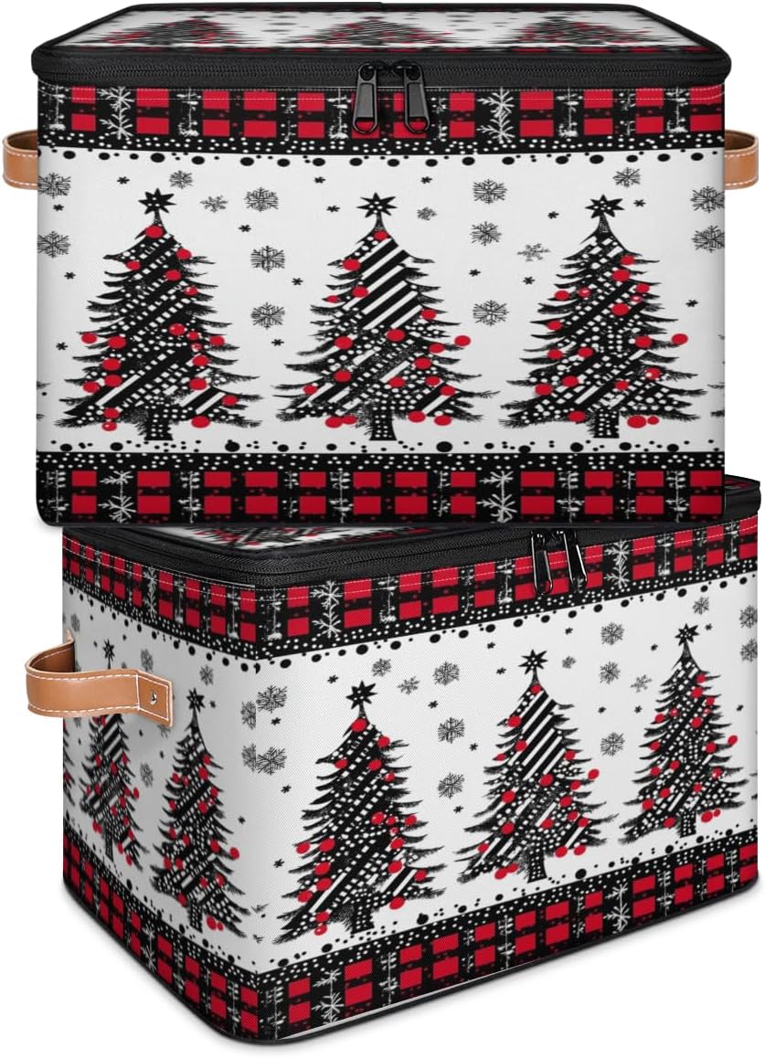 Storage Bin Set of 2 Christmas Buffalo Tree Storage Basket with Zipper Lid & Handle Foldable Closet Shelf 2 Pack Cloth Organizer Basket Cube Bins for Bedroom, Nursery