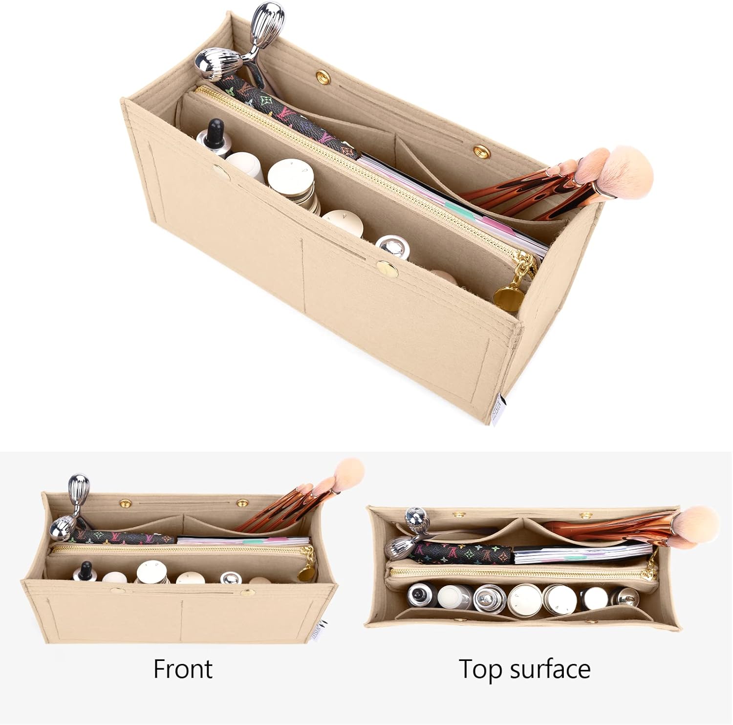 LEXSION Felt Purse Organizer Insert,Handbag Organizer with Detachalbe Zipper Pocket for ONTHEGO MM,3 Size 8034 Beige Medium - Image 5