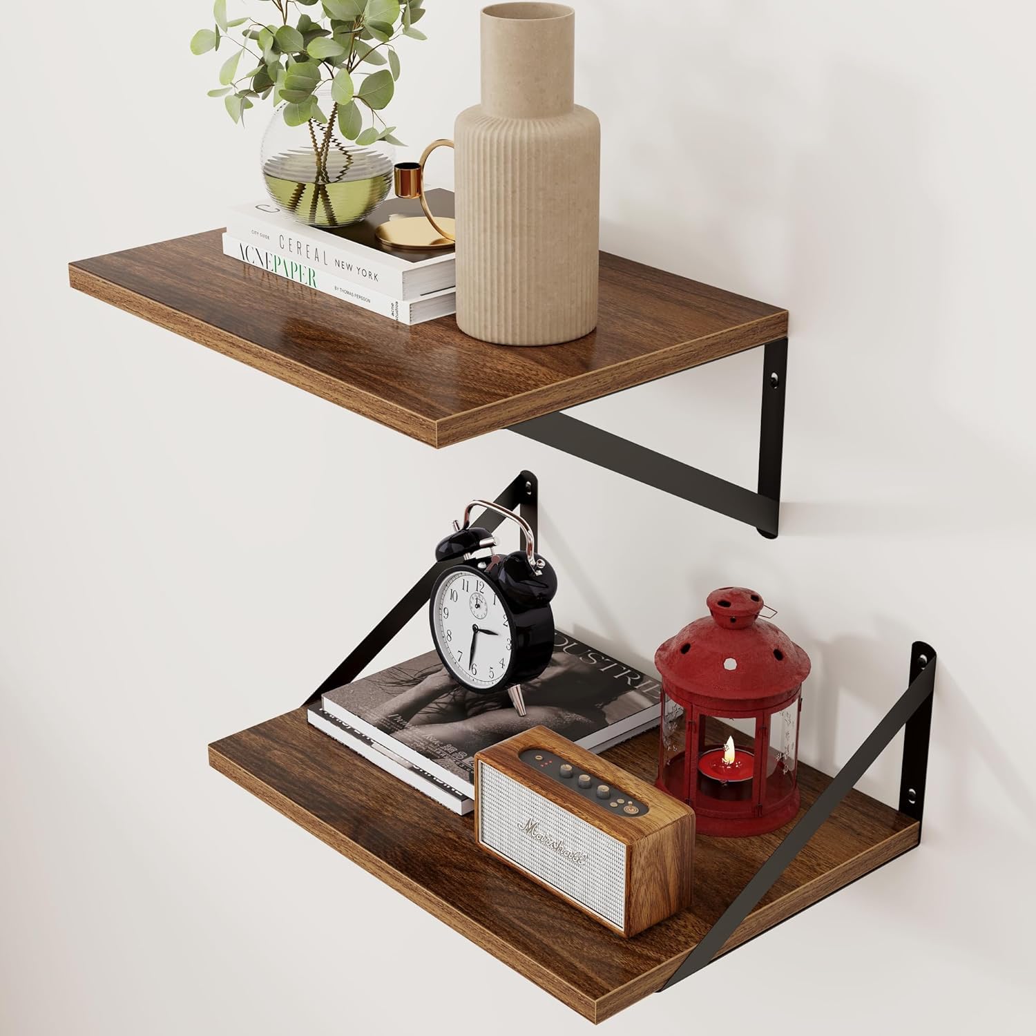 Walnut Floating Shelves 12 Inch Deep, Rustic Wall Mounted Floating Set of 2, 16W x 12D for Decor & Storage, Walnut Shelves Living Room Bedroom Bathroom-image-27