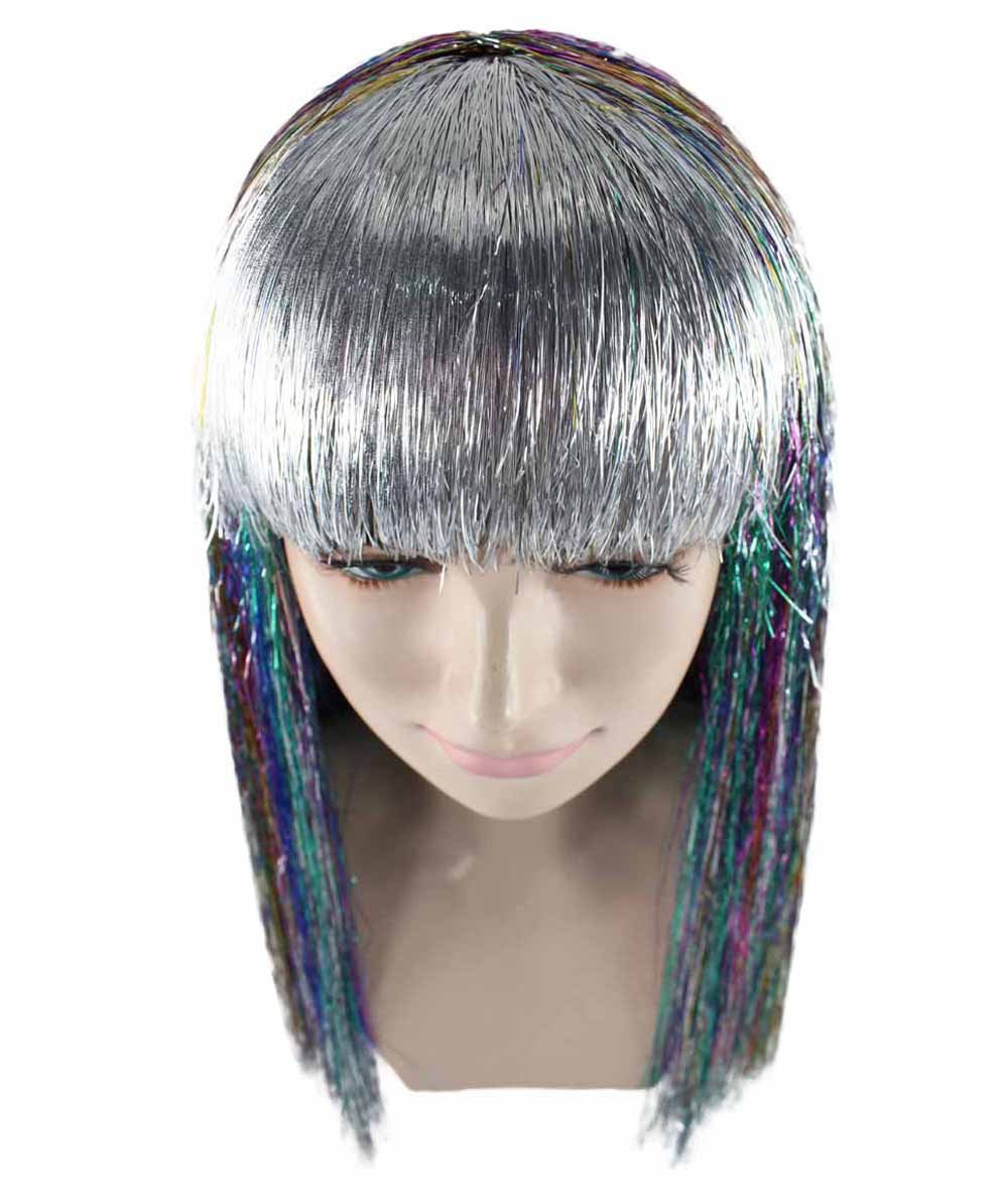HalloweenPartyOnline Long Tinsel Wig with Bangs, Rainbow HW-1669