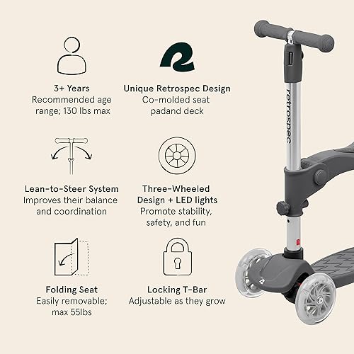 Vista 27 de Retrospec Chipmunk Plus - Patinete de 3 ruedas para niños de más de 3 años, altura ajustable, aprende a conducir, asiento plegable, luces LED