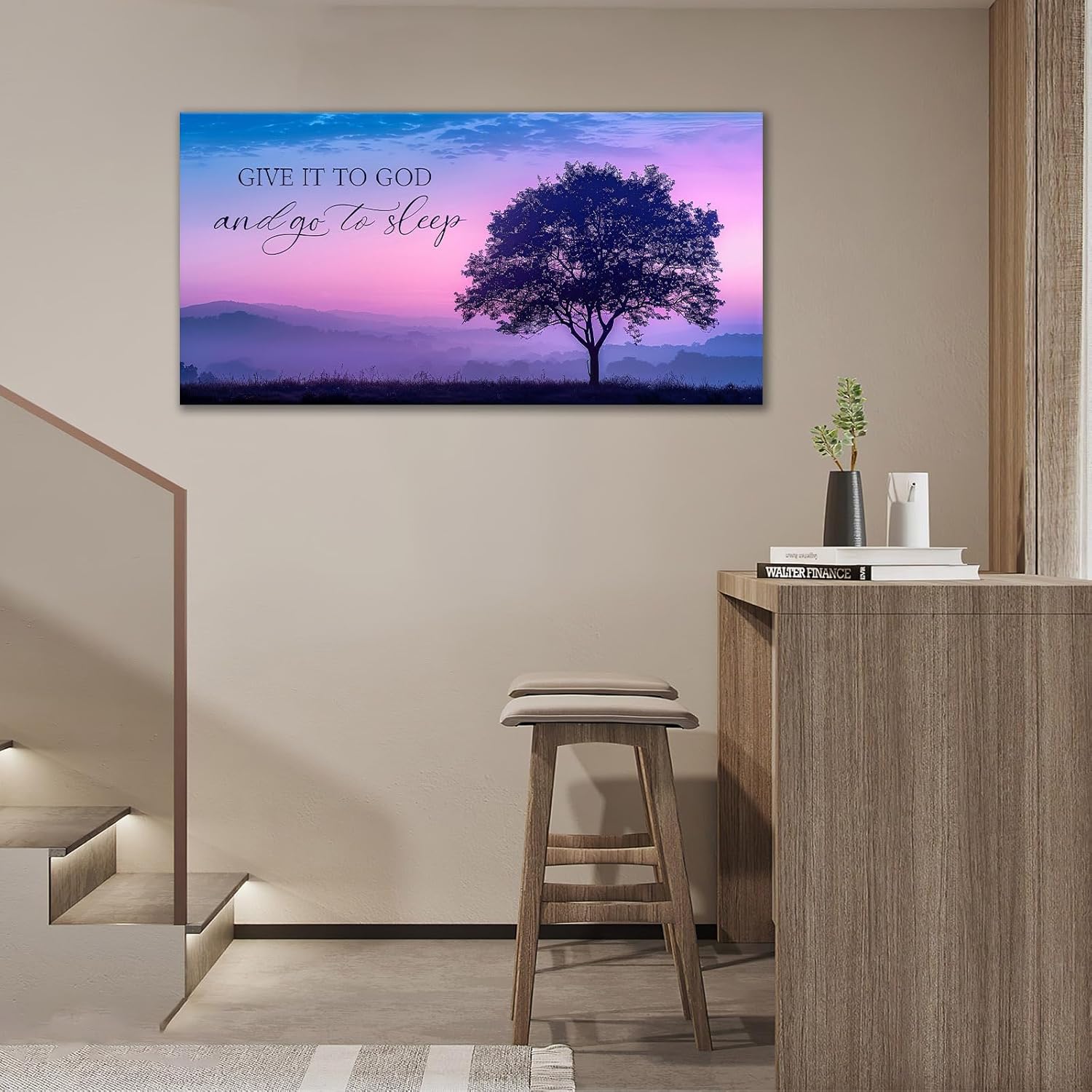 Give it to God and Go to Sleep Sign Wall Art Large Bedroom Wall Decor Christian Oversize Canvas Prints Painting Purple Tree Bathroom Pictures Framed Artwork Gifts Living Room Decorations 60"x30"