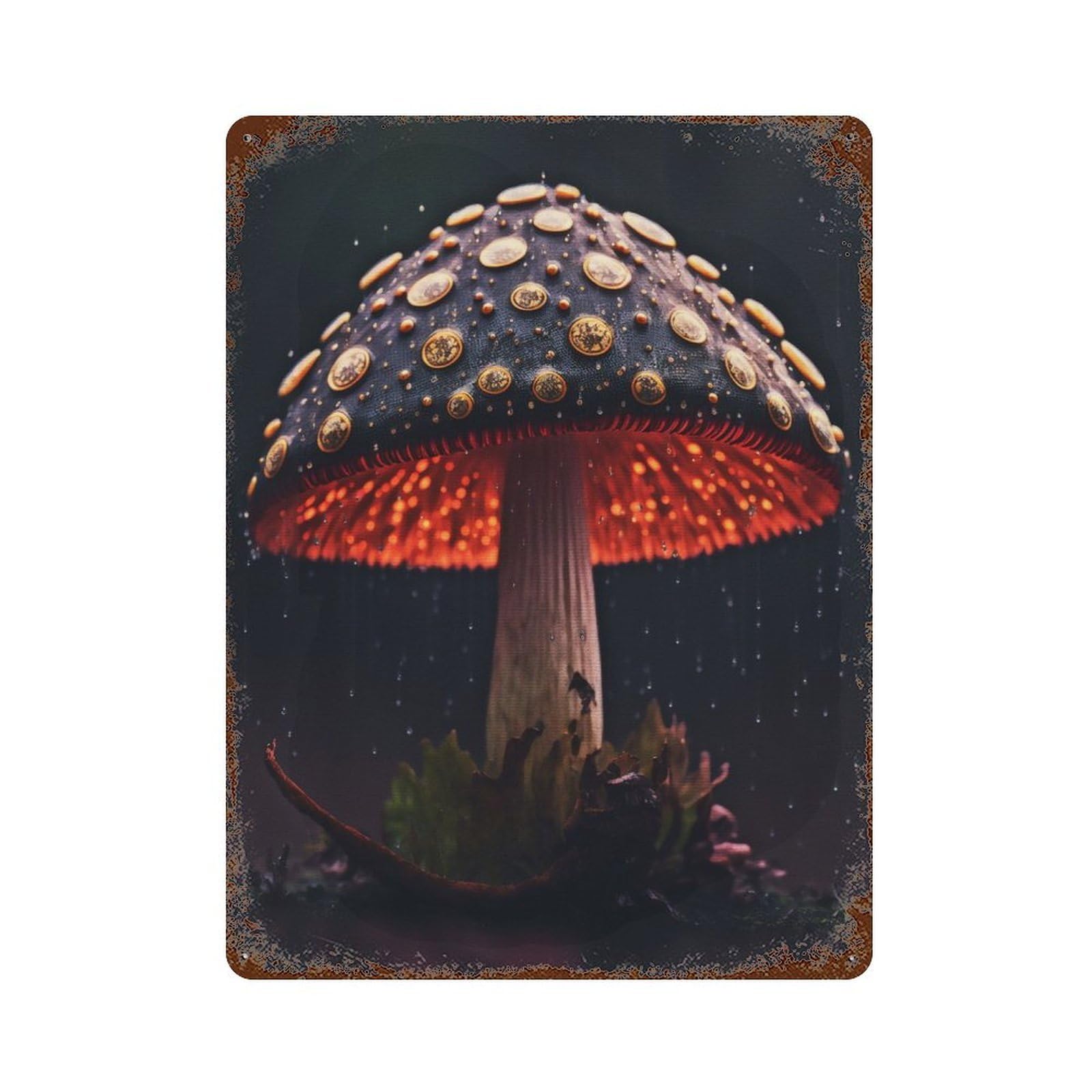Mushrooms In The Rain Rust Effect Tin Sign 15.7"x11.8", Rustic Home Decor for Garage, Bar And Workshop Decor