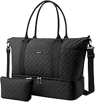 HOTOR Weekender Duffel Bag for Women: Carry-On Travel Tote with Shoe Compartment & Toiletry Bag, Gym Overnight Bag, Black 13.4x17.3x7.9"