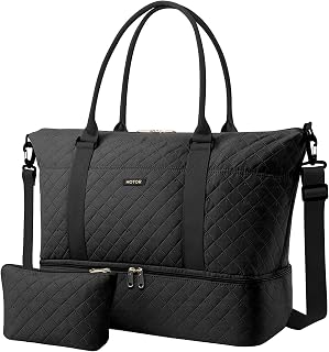 HOTOR Weekender Duffel Bag for Women: Carry-On Travel Tote with Shoe Compartment & Toiletry Bag, Gym Overnight Bag, Black 13.4x17.3x7.9"
