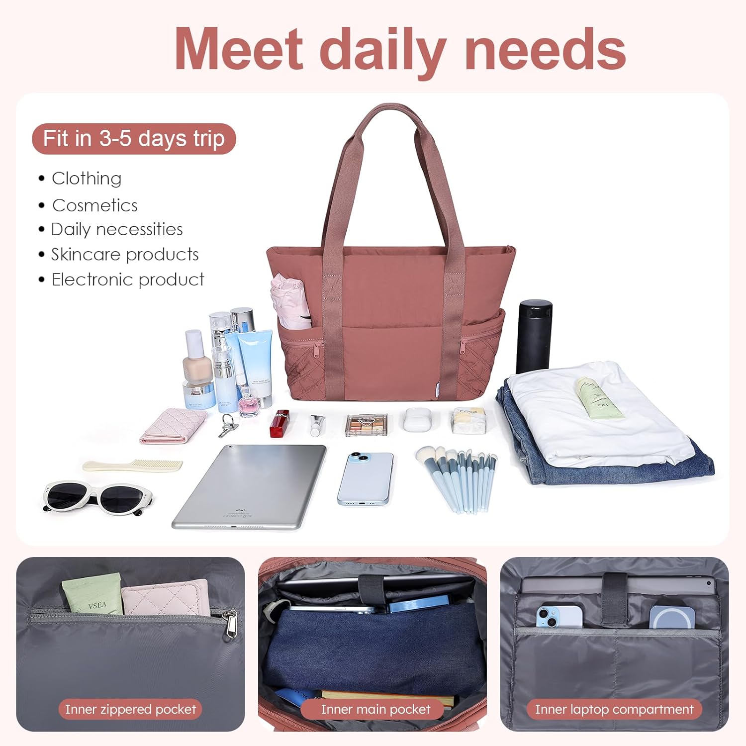 NOL Lightweight Puffer Tote Bag for Women-Quilted Shoulder Bag with Zippered Compartments | Waterproof Puffy Handbag for Work - Image 6