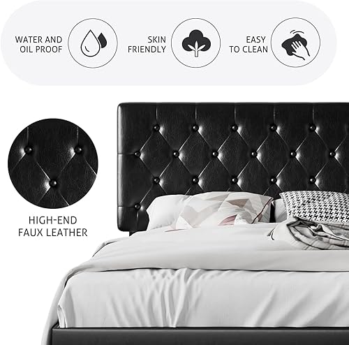 Miniatura 13 de SHA CERLIN Base de cama de plataforma tamaño queen con cabecero copetudo, base de colchón tapizada de piel sintética, soporte de tablillas de